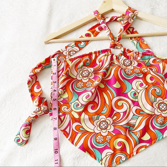 Groovy 70’s Floral Print Handkerchief Silky Halter Neck Crop Top - Picture 7 of 9